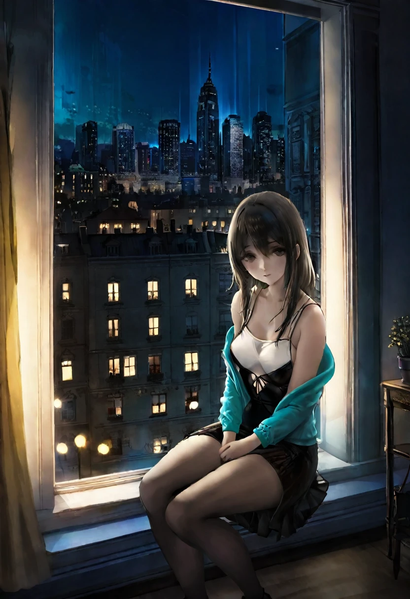 Beautiful woman sitting on the windowsill，Looking at the city night view outside，City night lights