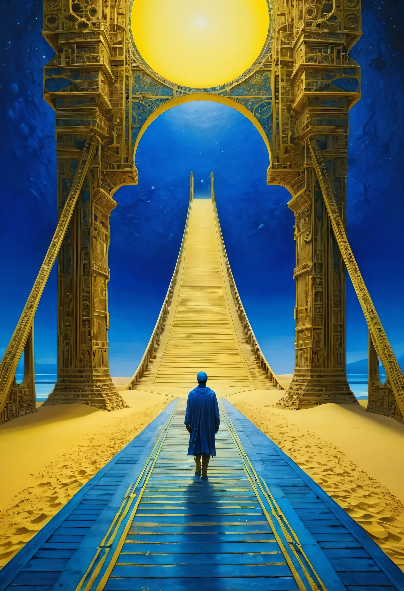 Crazy futuristic dude joining on his dream, crossing bridges and gates, new world coming into his eyes, millions of shapes, fantastic creatures on big dunes of golden yellow sand, bizarre surrealistic storytelling of multiple happenings, high relief texture like plaster, high tech ornaments, horror movie scene, dark blue and light yellow, blue and yellow, royal blue and golden yellow, 4D, 8K, photorealistic, dreamlike, big and complex composition, masterpiece, artwork by Jeremy Mann, artwork by Beksinski, artwork by Bernie Wrightson, artwork by René Magrite, Surrealism, Impressionism