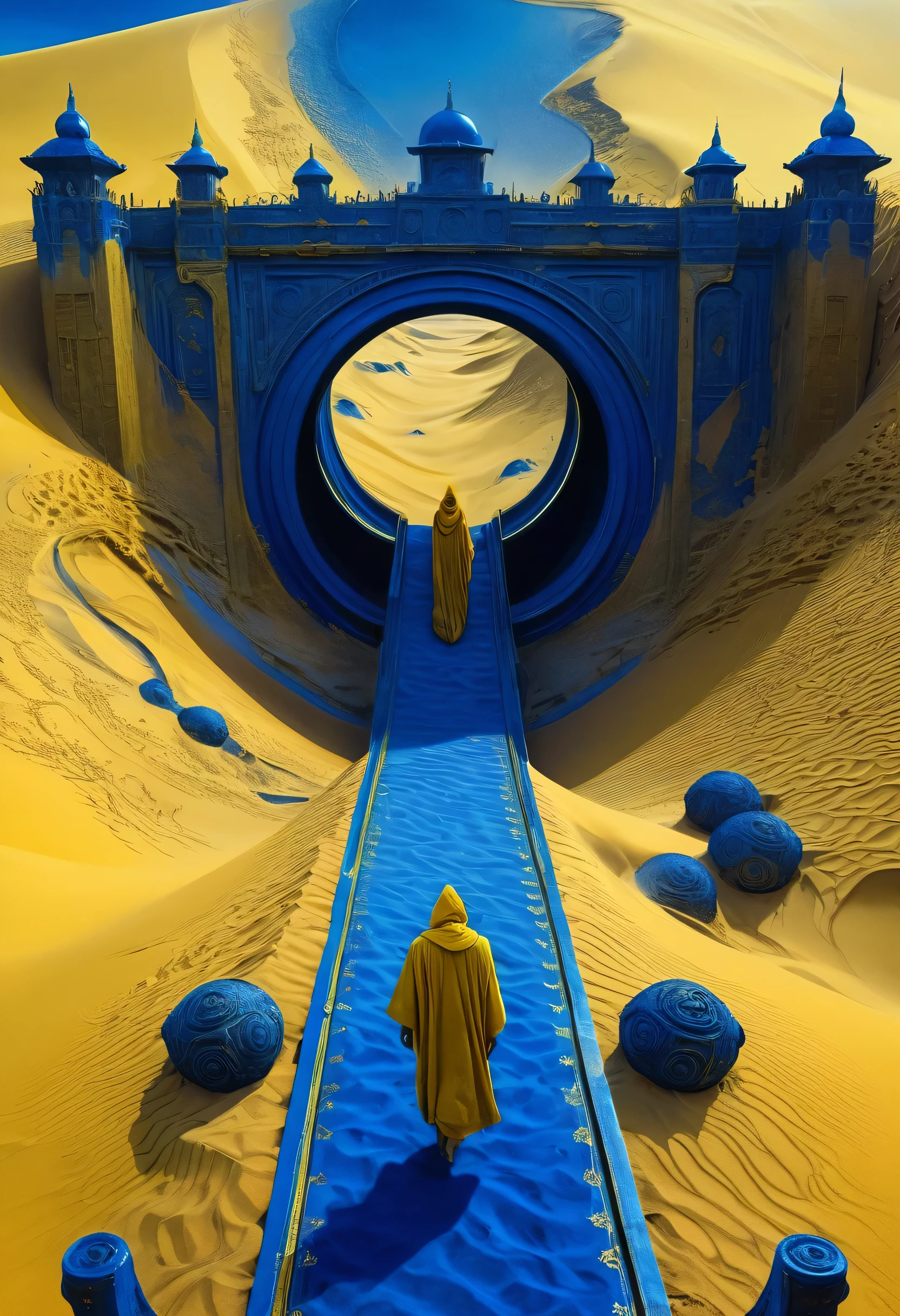 Crazy futuristic dude joining on his dream, crossing bridges and gates, new world coming into his eyes, fantastic creatures on big dunes of golden yellow sand, bizarre surrealistic storytelling of multiple happenings, high relief texture like plaster, high tech ornaments, horror movie scene, dark blue and light yellow, blue and yellow, royal blue and golden yellow, 4D, 8K, photorealistic, dreamlike, big and complex composition, masterpiece, artwork by Jeremy Mann, artwork by Beksinski, artwork by Bernie Wrightson, artwork by René Magrite, Surrealism, Impressionism