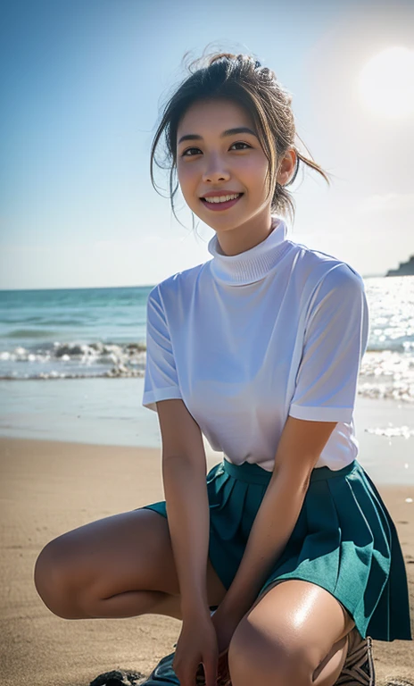 (a gorgeous asian lady, age 20s, wearing a wet oversized white high-neck polo-shirt, pleated skirt, squatting at a polluted beach, removing trash plastic, Beach Cleanup, Ocean Cleanup, (beach by the sea:1.2),

Hopeful expression, kind smile, dimpled cheeks, short ponytail, short bob hair, cute snaggleteeth, ample round bosom, perfect body anatomy, photorealistic, beautiful detailed eyes, 

hyper-realism, high contrast, ultra HD, realistic skin textures, top image quality, top-quality, super high resolution, fine details, serene ambience, very meticulously, high angle shot, medium shot, cowboy shot, sun rays, lens flare, SFW)