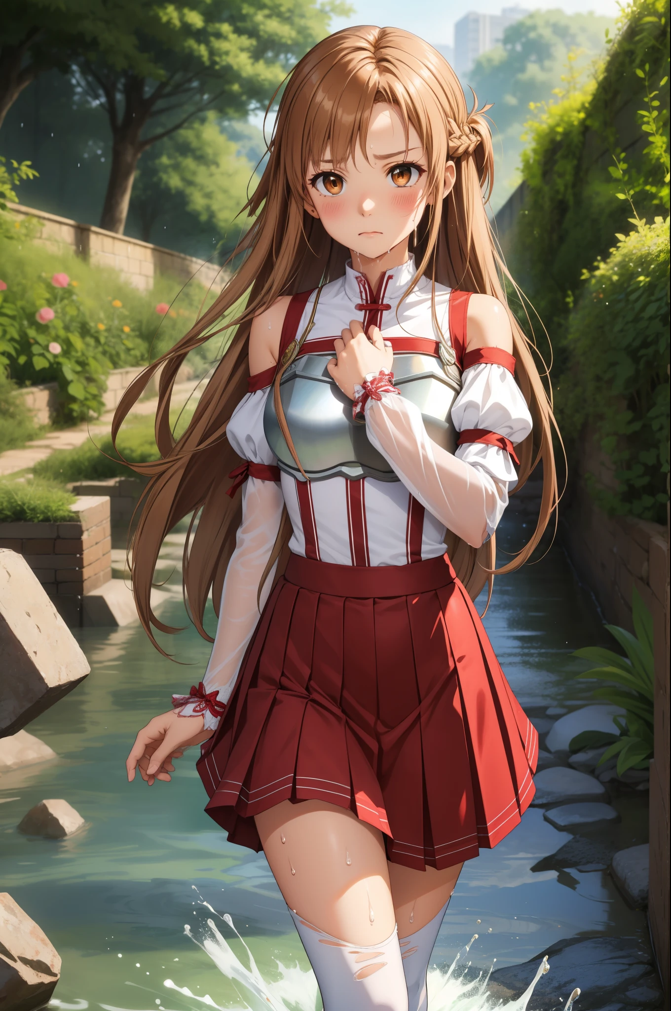 masterpiece, Highest quality, High resolution, Absurd, Super detailed, cute eyes, cute_hand,
Ahh sun, Long Hair, Brown Hair, Braiding, Brown eyes, Exposing shoulders, armor, breastplate, White sleeves, Removable sleeves, Red Skirt, Pleated skirt, White knee socks, sad, It was a shame, blush,  Wet_cloth, Torn_Clothing Break Walking, very_dark, 下water道_tunnel, dirty, stone_wall, Dripping_water, water
 