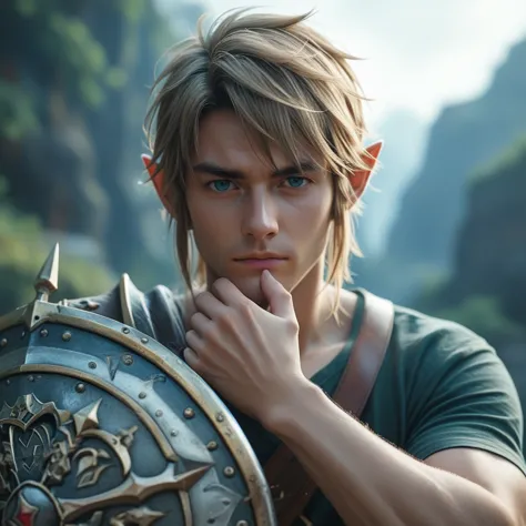 high fantasy、vivid depiction、live-action、upper body only、link、hyrule sword in right hand、hyrule shield in left hand