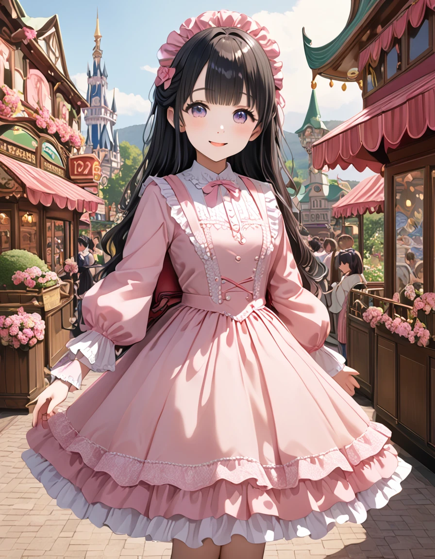 best quality, masterpiece,  1girl, alone,  black hair, long hair, blunt bangs, Smile, pink skirt, pink lolita dress, layered skirt, Lolita style long skirt,Layered dress lace-trimmed skirt, decorate, lace, long sleeve, puff sleeves, wide sleeves, Transparent sleeves, hair accessories, Detailed background,  delicate face，pink blush，white，knee socks, Pink shoes，tutu，Lots of lace，((​masterpiece))、(top quality)、high detail、Super detailed、 night、15 year old woman，pink lolita dress((dreamy atmosphere:1.1))、Seductive and whimsical style、​masterpiece、born、Scenes resembling fairy tale illustrations、Intricate details showcase the ruffles and intricate design of the Lolita dress、Beautifully、magic、capricious、 Beautifully、dream aesthetics、「𝓡𝓸𝓶𝓪𝓷𝓽𝓲𝓬、ethereal、charming、fickle、magic」、Realism、Visual effects、wearing red backpack、(backpack:1.2)、high resolution、ultra high definition、megapixel、(8K resolution:1.10)、8K、8K less、8K resolution、high detail、intricate details、A look of surprise and awe on her face、 (high quality:1.2、​masterpiece:1.2、:1.21)、(21 year old female:1.21)、(smile excitedly)、(Surrounded by the dreamy atmosphere of an amusement park)、pink lolita dress、Her eyes were full of surprise and joy、Shooting at many geeks、、High heel、A slender one、standing at outdoor, full body