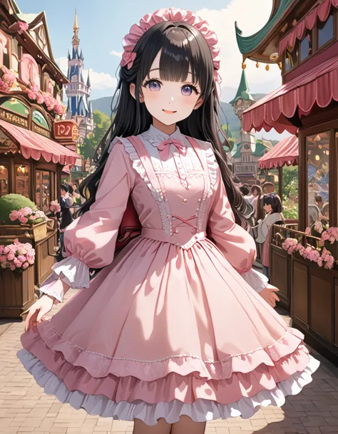 best quality, masterpiece,  1girl, alone,  black hair, long hair, blunt bangs, smile, pink skirt, pink lolita dress, layered ski...