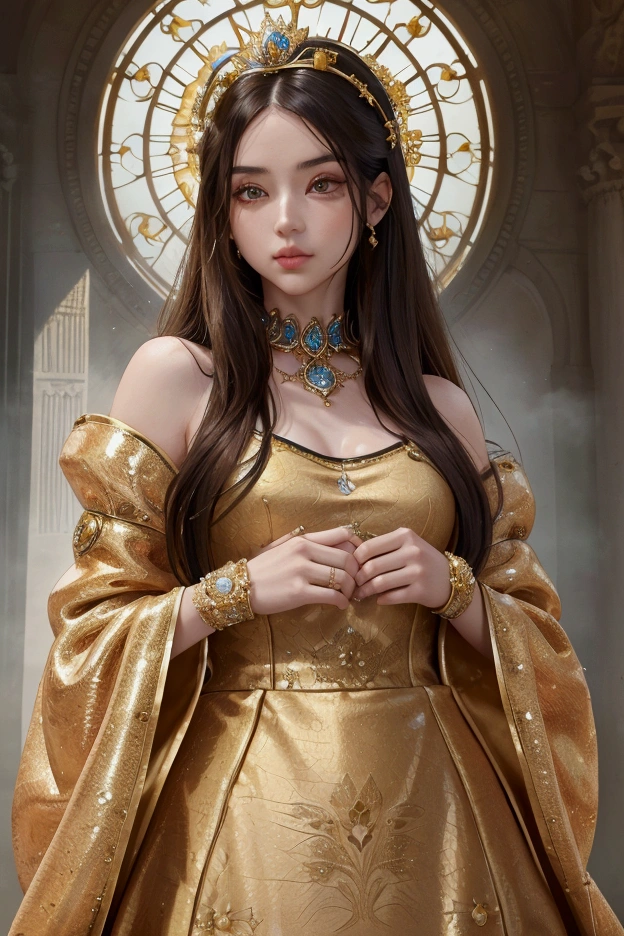 a radiant fantasy landscape, a girl in the center, beautiful detailed eyes, beautiful detailed lips, extremely detailed face, long eyelashes, ornate golden crown, intricate golden jewelry, flowing dress, ethereal glowing aura, sunbeams shining through clouds, vivid colors, dramatic lighting, dramatic cinematic composition, photorealistic, highly detailed, 8k, best quality, masterpiece