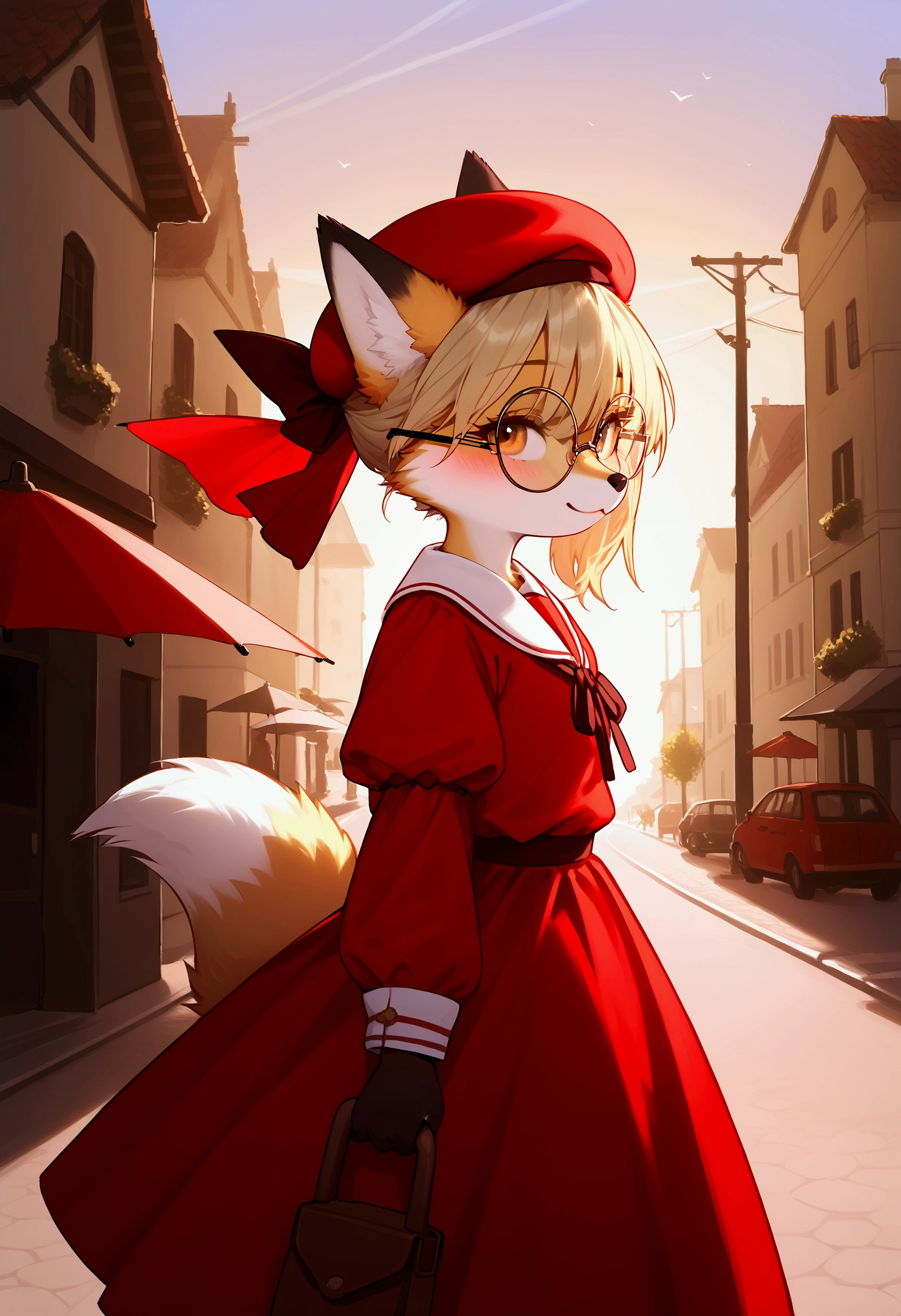 Furry fox, solo, red fur, smooth fur, bottom and side view, woman, happy, dressed in a long red dress, on her head a red beret with a small pompom, round-framed glasses, a beautiful umbrella, spinning on the street, French street, not high houses, morning, bright lighting, clear weather, paw beans, excellent quality, depth of field
