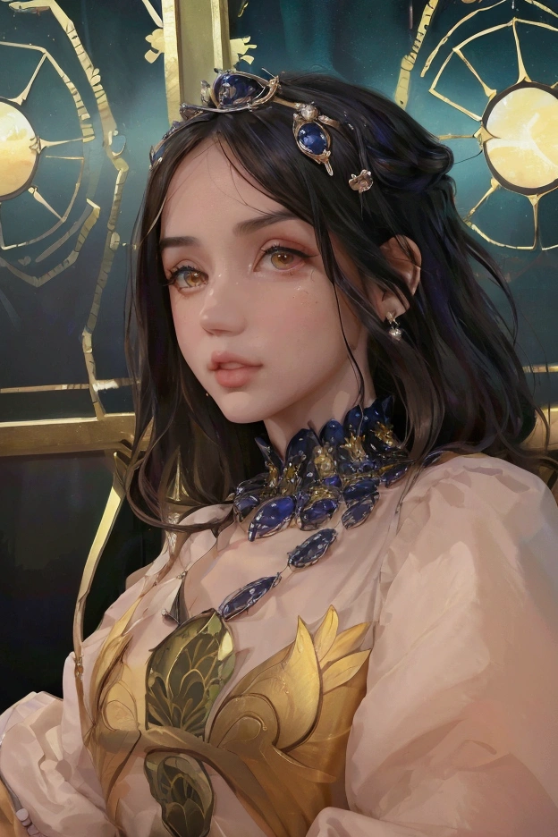 a radiant fantasy landscape, a girl in the center, beautiful detailed eyes, beautiful detailed lips, extremely detailed face, long eyelashes, ornate golden crown, intricate golden jewelry, flowing dress, ethereal glowing aura, sunbeams shining through clouds, vivid colors, dramatic lighting, dramatic cinematic composition, photorealistic, highly detailed, 8k, best quality, masterpiece