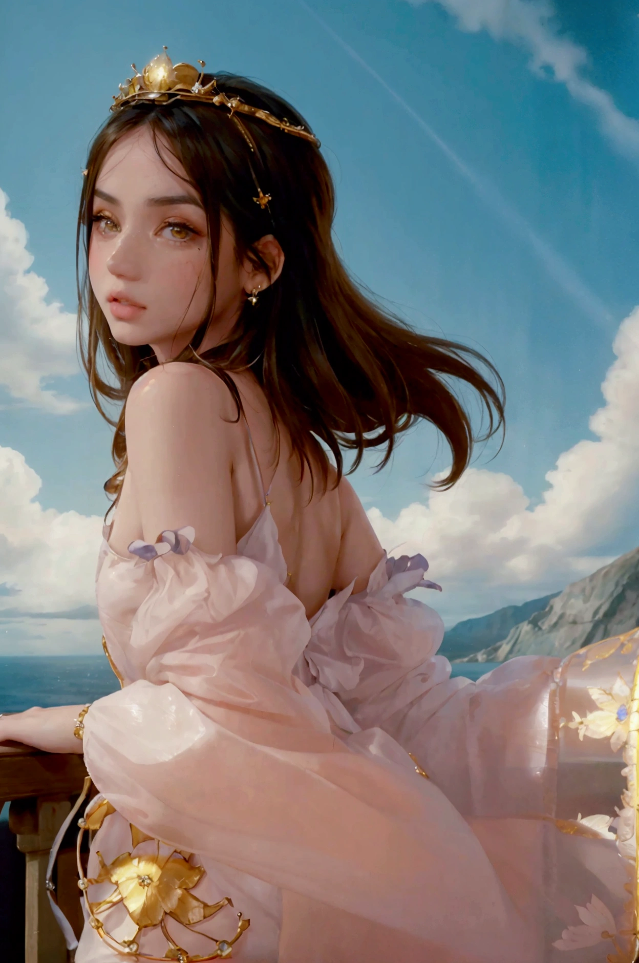 a radiant fantasy landscape, a girl in the center, beautiful detailed eyes, beautiful detailed lips, extremely detailed face, long eyelashes, ornate golden crown, intricate golden jewelry, flowing dress, ethereal glowing aura, sunbeams shining through clouds, vivid colors, dramatic lighting, dramatic cinematic composition, photorealistic, highly detailed, 8k, best quality, masterpiece