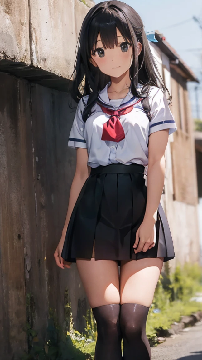 A woman in her fifties wearing high heels and a skirt leaning against a wall, ポーズをとるhigh school girl, wearing Japanese School Uniform, Japanese School Uniform, a 超現実的なhigh school girl, かわいいhigh school girl, Japanese girls uniform, 超現実的なhigh school girl, Wearing a skirt and knee-high socks, high school girl, high school girlの格好をした, Two Japanese female students posing