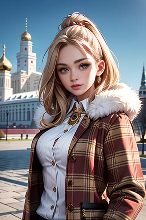 1 girl, plaid shirt, fur coat, kremlin palace background, outdoor, hive,best quality, ultra high resolution, photorealistic,