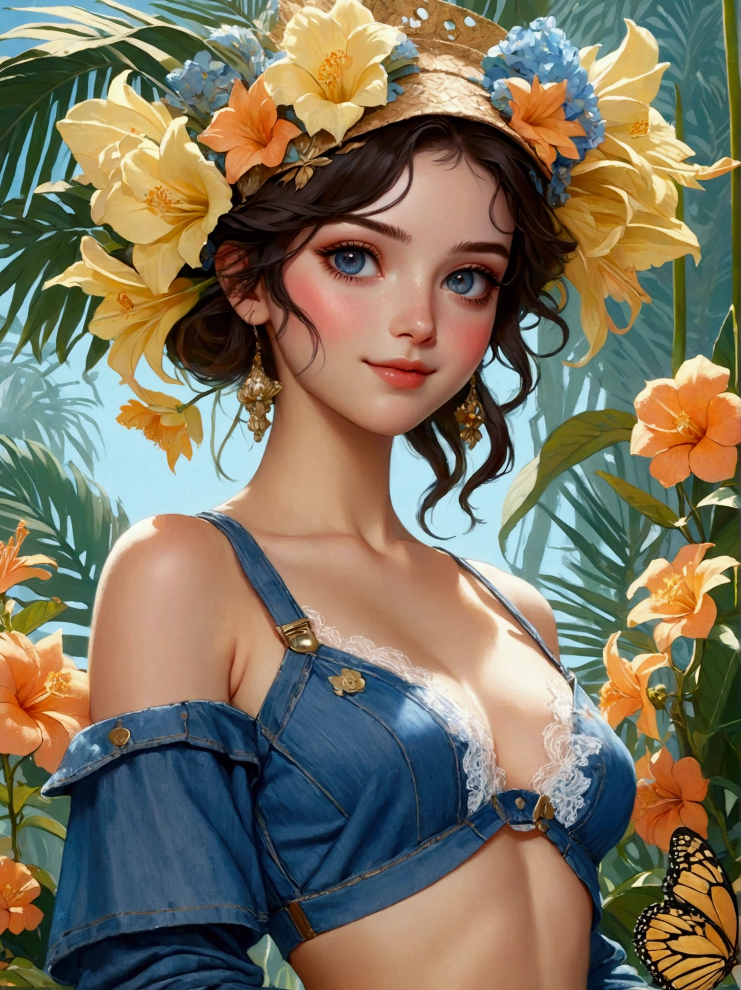 Summer tropical flower forest, Victorias Secret Fashion Show, Beautiful western girl in denim blue sexy lace crop top, With flowers and plants, Perfectly symmetrical body shape, Beautiful, seamless, symmetrical face, complex, grace, Very detailed, number, Trending on pinterest, Harper Bazaar, concept art, sharp focus, author：Art Jem, Tom Bagshaw, Lawrence Alma Tadema, Greg Rutkoski, norman rockwell, golden ratio, gentle smile, illustration, Minimalism, Ghibli-like colours, anime style, 8K, UHD, masterpiece, accurate, anatomically correct, textured skin, super detail, best quality