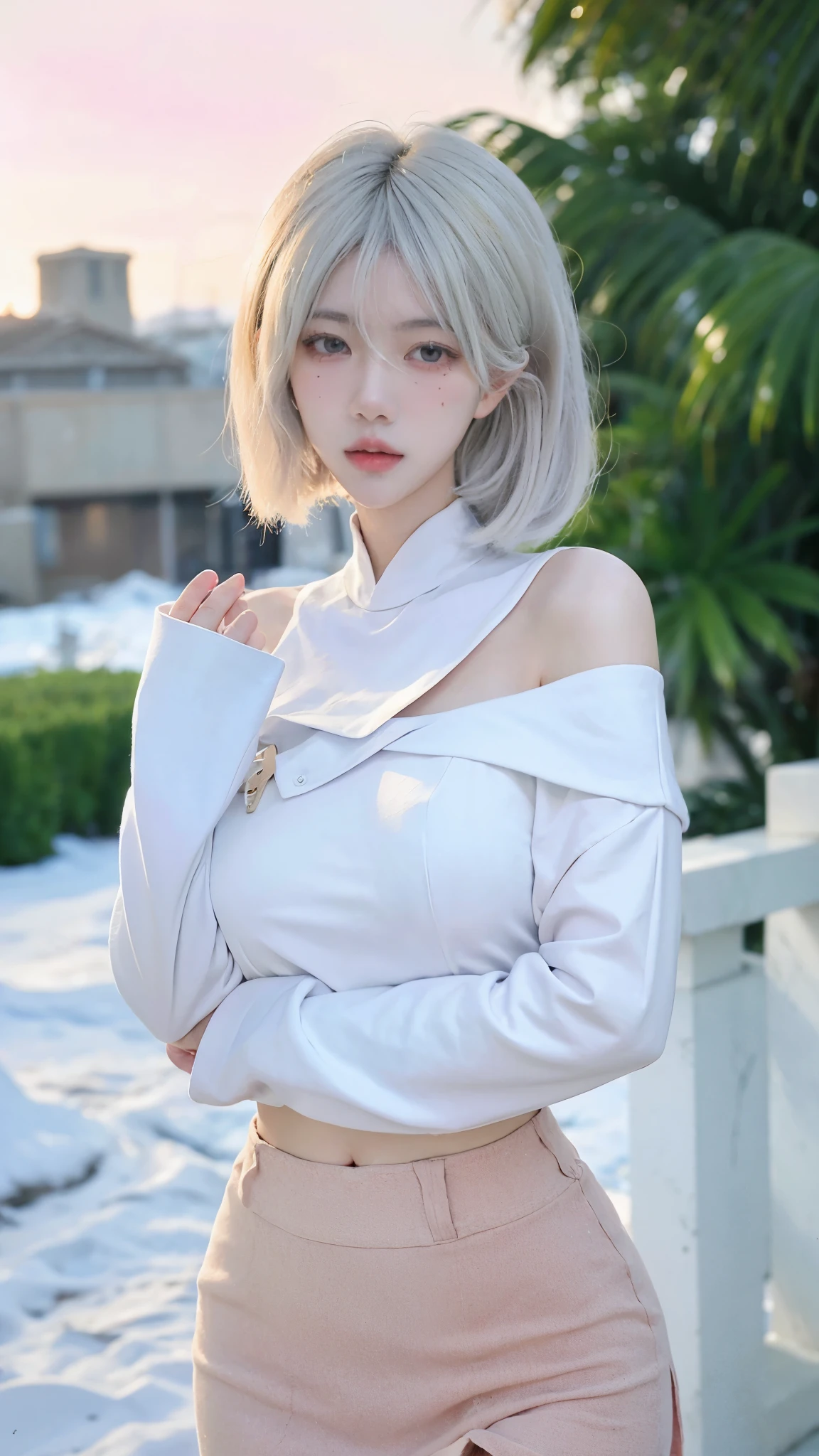 Beautiful woman with perfect figure:1.4，snow，Touching butt with both hands，snow背景，Layered Hairstyle，White skin，Prominent cleavage，Pleated Skirt，whole body，Very delicate face and skin texture，Double eyelids，Skin Whitening，Long white hair