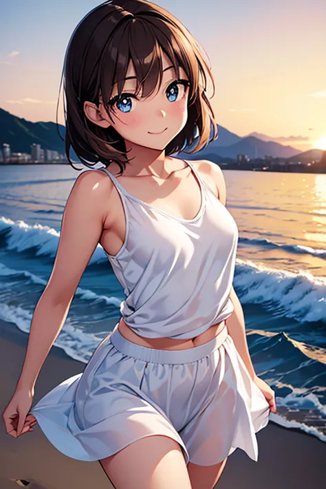 megumi amano、shiny brown hair, short hair, beautiful blue eyes、small waist、small breasts、modest chest、smile、sparkling eyes, (fin...