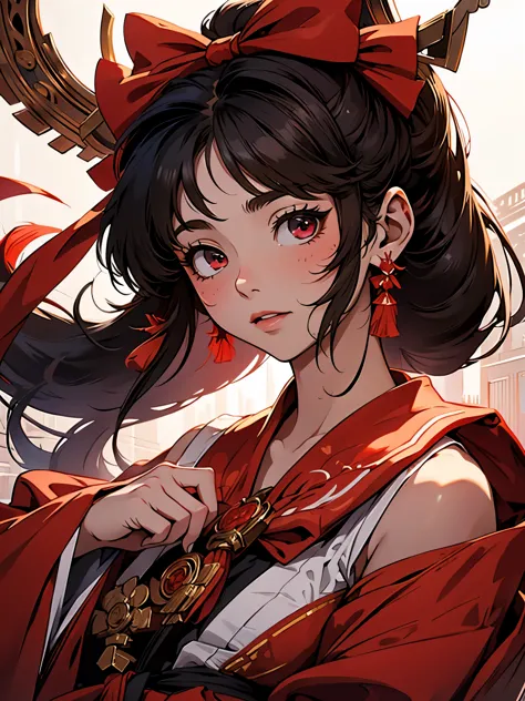 reimu_irrespective of, redgown, miko, sanctuary background, 1 girl, work of art, best qualityer, highy detailed