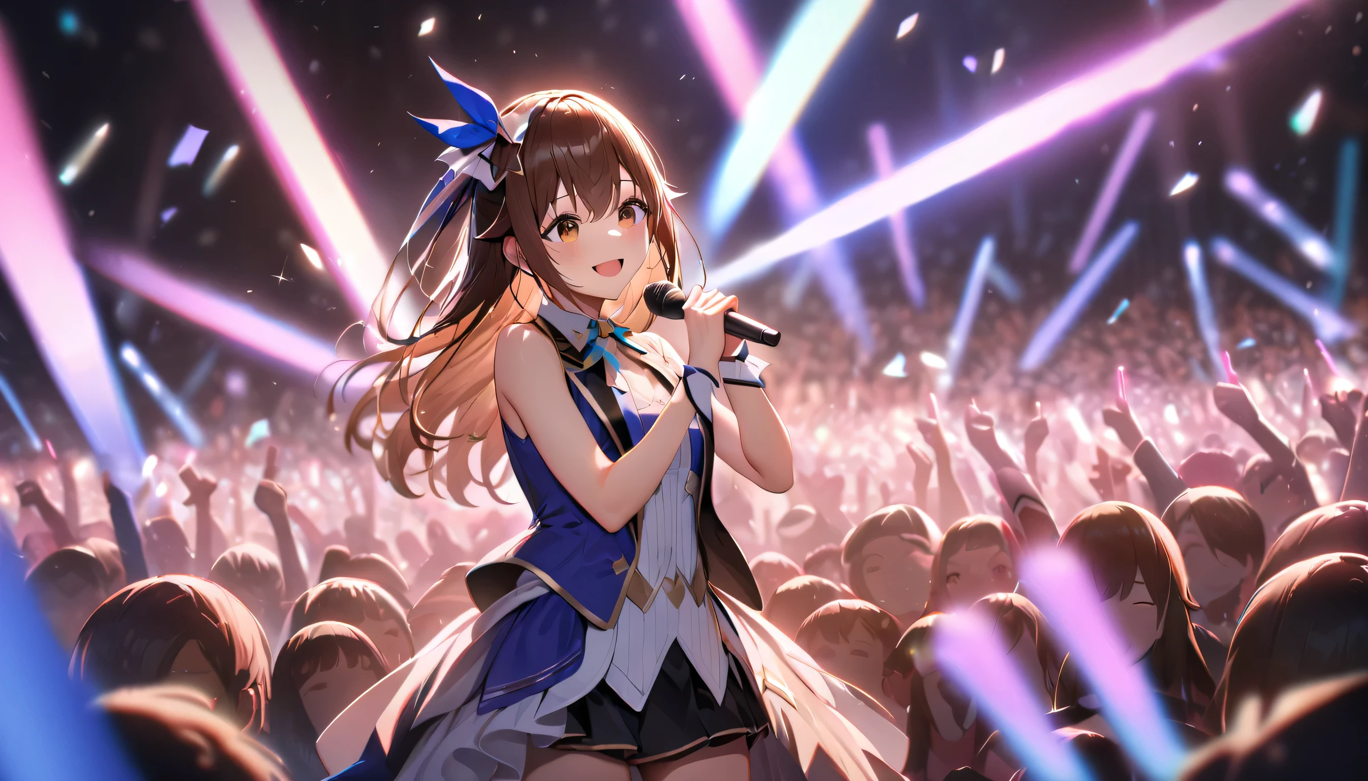 (Super detailed, ultra hd, 8k, best quality, masterpiece, super realistic, realistic light) girl, tokino sora, idol, idol costume, on-stage, brown eye, detailed eye, perfect face, standing, singing, hype reaction, smiling, cheering crowd, otaku crowd, lightstick (night, concert, smile environment)