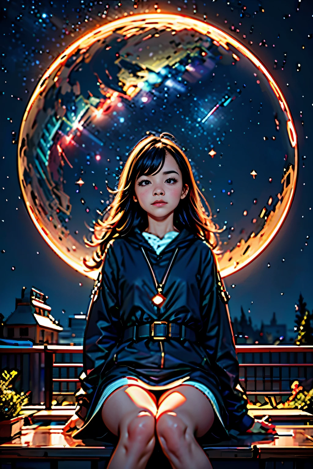 Best Quality, masterpiece, extremely detailed, detailed background, cheered up, 1 girl, young girl, short girl, Science fiction, Science fiction, outdoor, evening, starry sky, greenhouse, Megastructure, biodomo, landscape, scenery, horizon, ceiling, sitting on ceiling, wind, looking away, atmospheric lighting, Focus only, close up, on one side, depth of field, bokeh