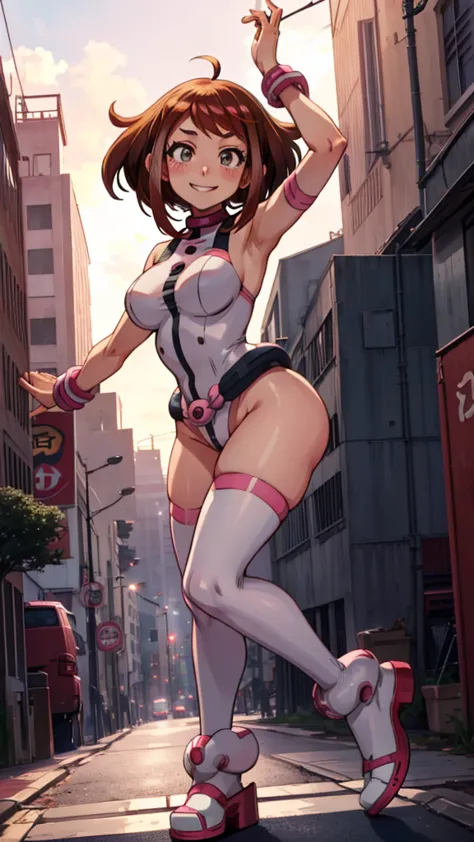 uraraka ochako, busty, neckline, seductive, sexy, showing armpits and pussy half naked. smiling, full body, city background.