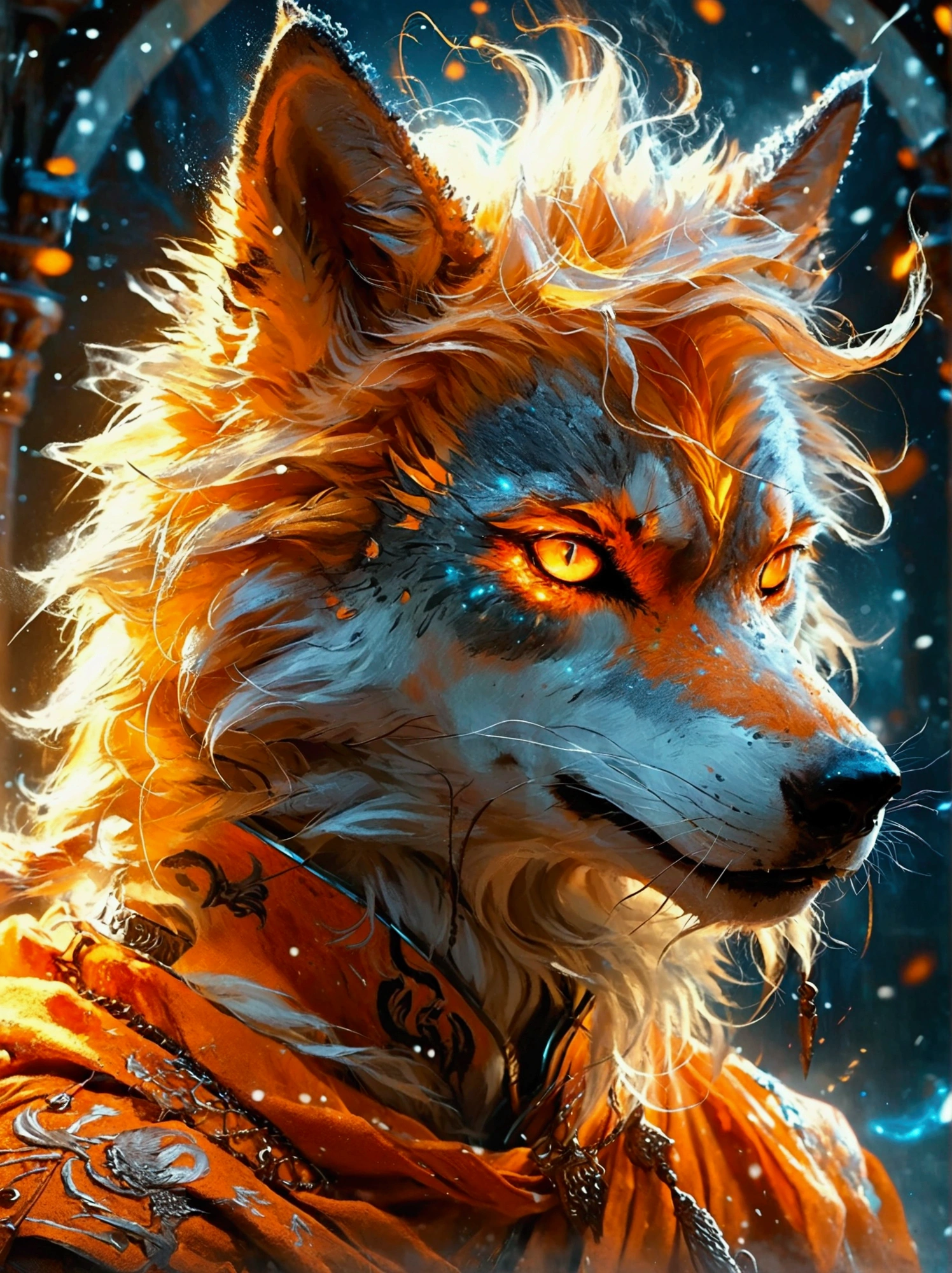 A fairy-tale character inspired by a blend of two unique entities. First is a wolf-like creature, seeming ominous and enigmatic, with sharp claws, a thick fur coat, and piercing eyes. The second is a powerful warrior known for his spiky hair and incredible strength. The warrior wears an orange martial arts uniform and has a glowing aura around him denoting his massive energy.