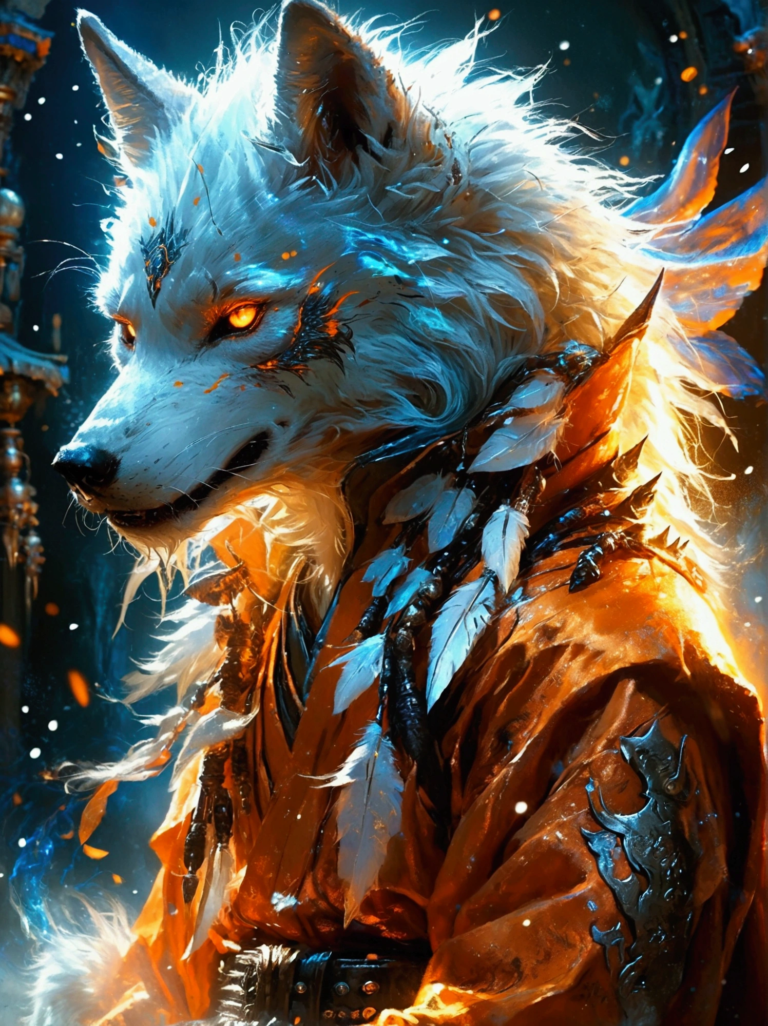 A fairy-tale character inspired by a blend of two unique entities. First is a wolf-like creature, seeming ominous and enigmatic, with sharp claws, a thick fur coat, and piercing eyes. The second is a powerful warrior known for his spiky hair and incredible strength. The warrior wears an orange martial arts uniform and has a glowing aura around him denoting his massive energy.