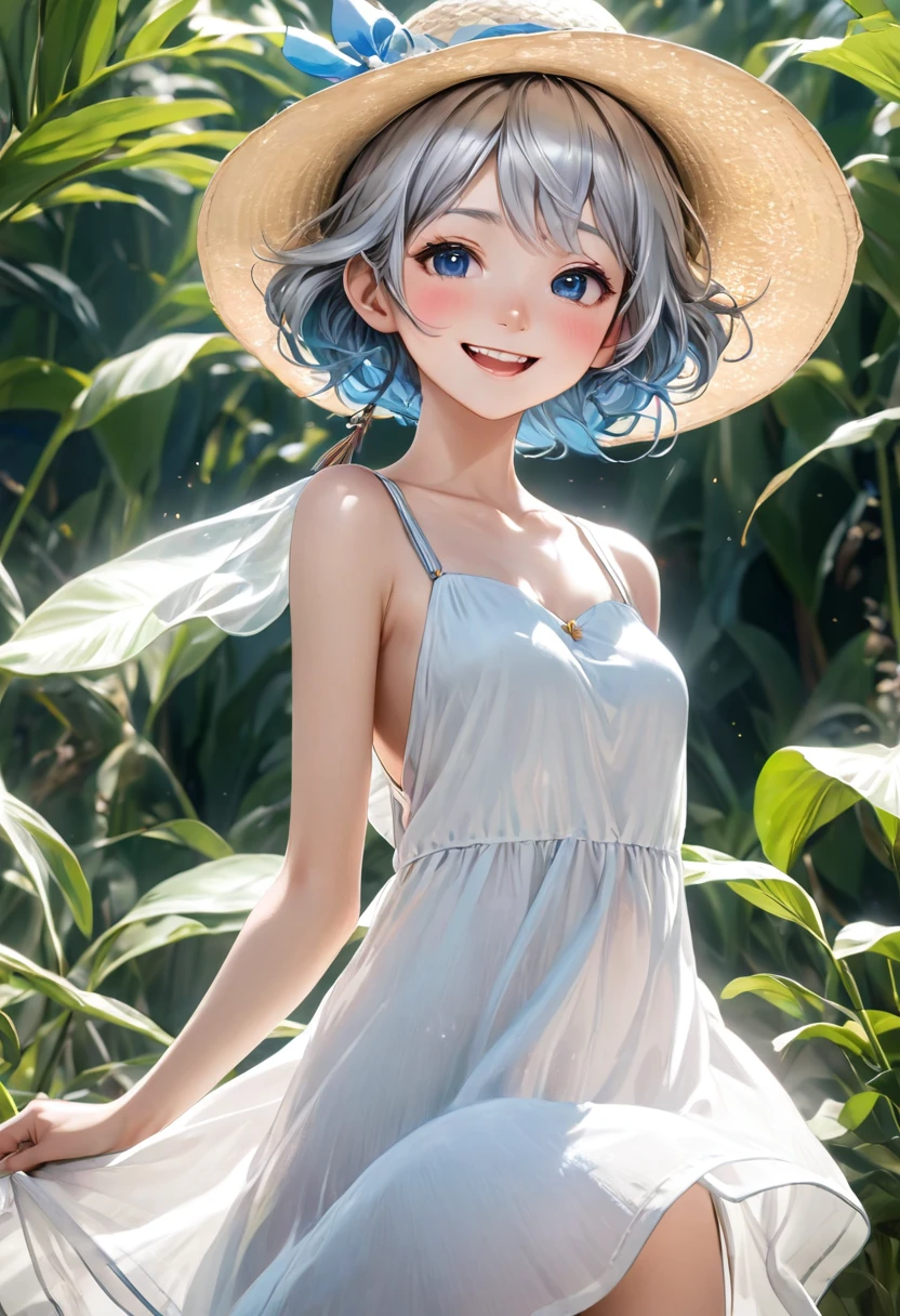 a girl, full body, stand finely, face front, shortened silver hair, smiling finely with opened mouth, blue blinking eyes, wearing white long dress and straw hat