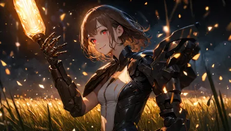 (super detailed, ultra hd, 8k, best quality, masterpiece, super realistic, realistic light) girl, mecha hand, short hair, straig...