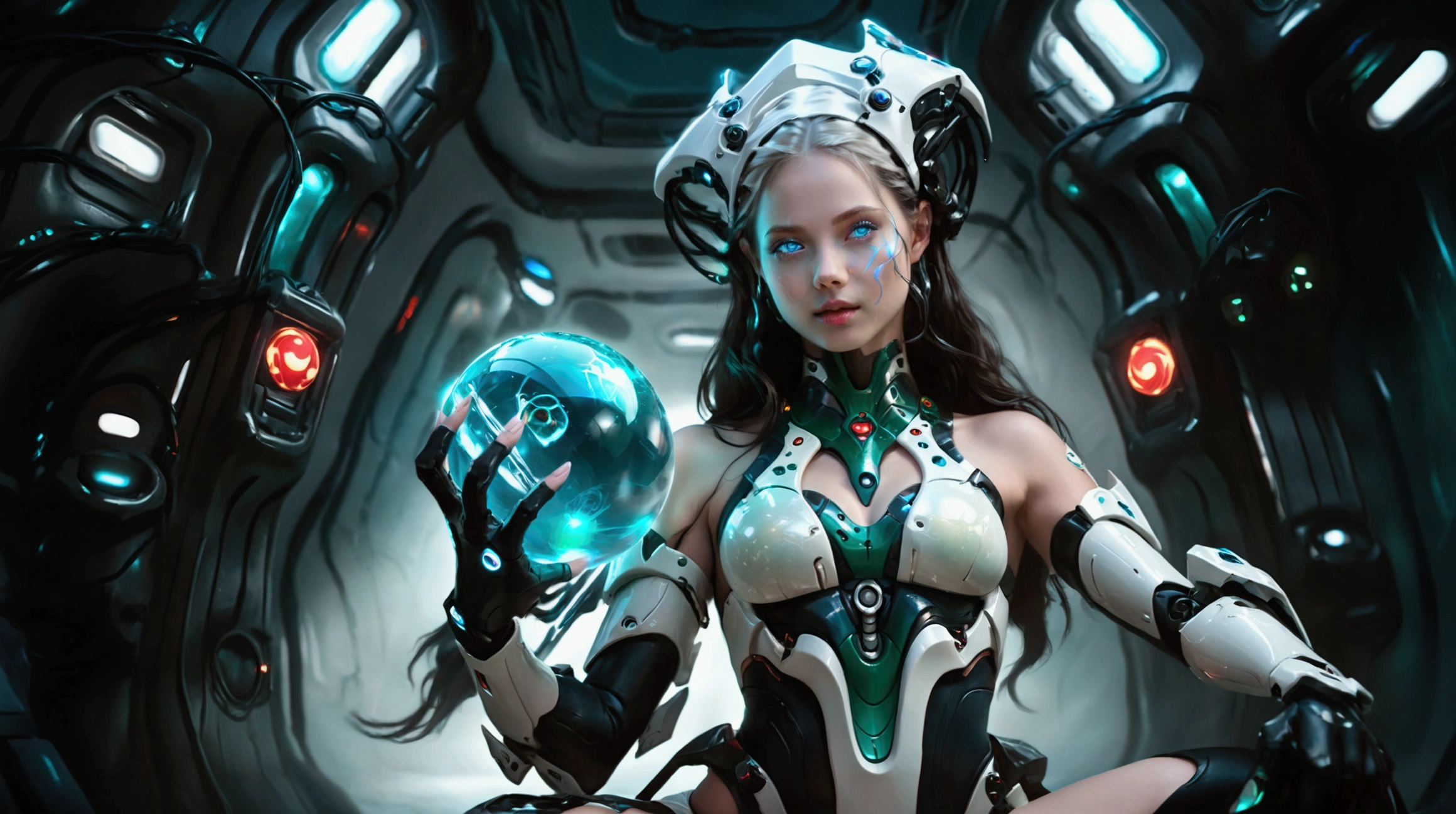 A beautiful Asian woman with blue eyes, porcelain face, beautiful and sweet smile, rosy lips, Lip gloss, with strange writings on their face, leaning towards the viewer with two hands holding a holographic ball from an alien planet, robotic hands, scene inside an alien spaceship, scene with wires and LED connected to the strange woman&#39;s back, some strange beings on woman&#39;s shoulder pointing to blue glowing holographic ball, short costume,