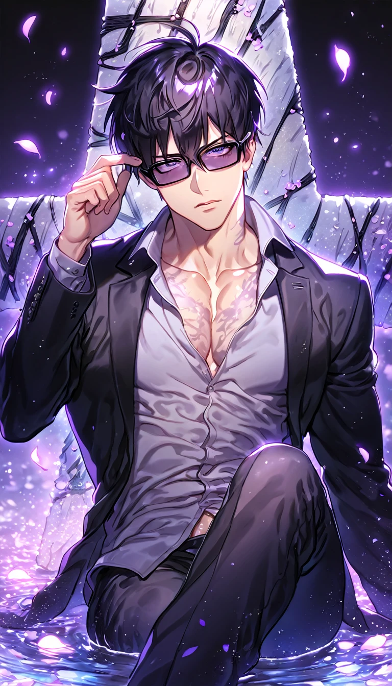 Ultra detailed, HDR, Highres, absurdres, master piece, Nicholas D. Wolfwood, black hair, expressive gray eyes, black sunglasses, black jacket, grey shirt, black pants, Trigun, sexy man sitting, handsome, purple flowers, petals, fantasy, magical, purple leaves, handsome, best quality, glittering, manly man, sensual, horny, water, purple shining fireflies, solo,