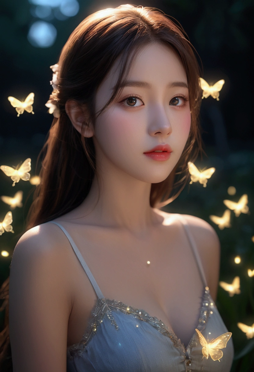 (8k, top quality, masterpiece: 1.2), (realistic, photorealistic: 1.37), super detail, one girl, Wide viewing angle, firefly garden, Lots of little shimmering lights and fireflies flying around, night