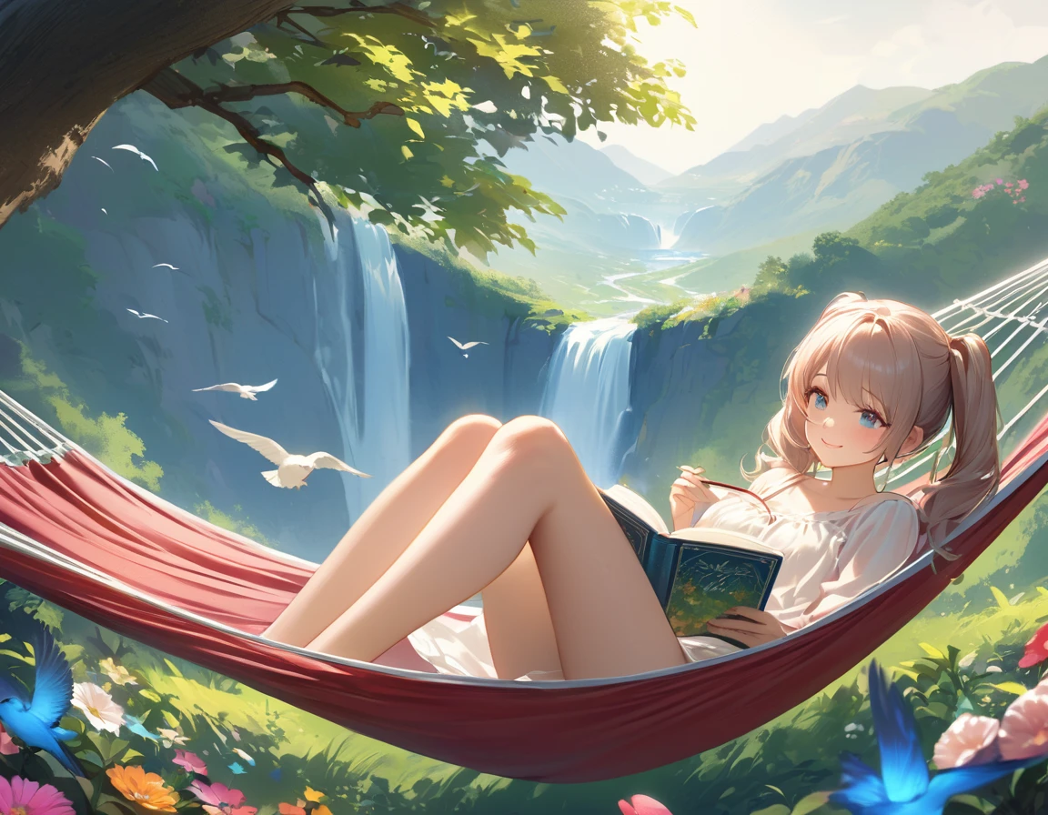 Girl lying down with her dog in a comfortable hammock in a colorful garden,Light blue long hair、Beautiful girl with twin tails、Adorable smile、Looking at the camera、Relaxing in a hammock from the top of a mountain looking out over the valley below、,A soft breeze gently rustles the flowers and grass around her.,Relaxed atmosphere,Surrounded by lush greenery,Natural Beauty,Peaceful and serene,Feeling totally relaxed and carefree [Beautiful attention to detail,Beautiful lip detail],Wearing a loose summer dress,Immerse yourself in a fascinating book,background,A small waterfall flows slowly,Laid-back clouds floating in the clear blue sky,Birds chirping happily,Creating a harmonious melody,Evokes a sense of peace and calm,Artistic and dreamy landscapes,masterpiece:1.2,High resolution,Very detailed,Realistic,Studio Lighting,Vibrant colors,Soft and warm color palette