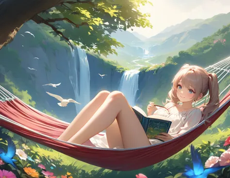 girl lying down with her dog in a comfortable hammock in a colorful garden,light blue long hair、beautiful girl with twin tails、a...