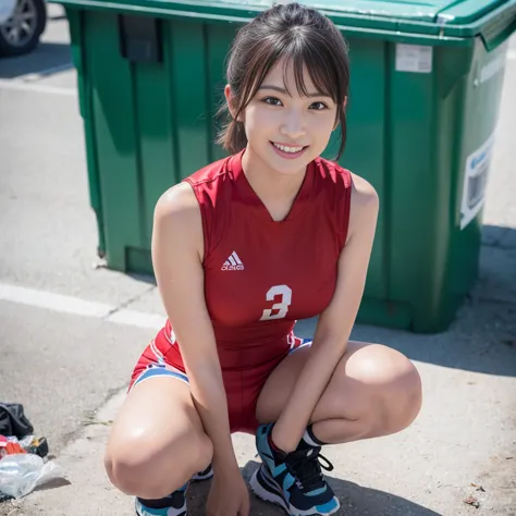 (2 beautiful asian women volunteers, age 28, (wearing white tight lightweight synthetic korea volleyball jersey, red spandex sho...