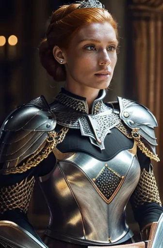 ((best quality)), ((masterpiece)), (detailed), perfect face, a majestic knight-queen, beautiful female, ((chignon ginger:1.3)), ...