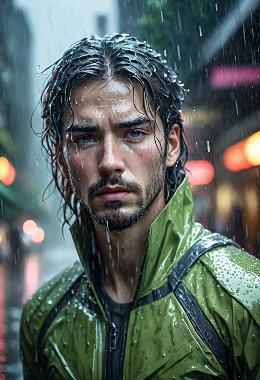 (Masterpiece at maximum 16K resolution: 1.6), (intricate details: 1.4), (extremely insane details: 1.4), (highest quality: 1.3), (hyper_realistic: 1.3 ). | Jesus looking at the sky, deep emotions, tears running down his face, soft raindrops, fresh greenery, shiny wet pavement, expressive eyes, pensive expression, sadness, delicate features, long flowing hair, make Jesus man wet clothes, ethereal atmosphere , misty atmosphere, moody lighting, dramatic composition, subtle shadows, emotional charge, melancholic atmosphere, vibrant colors, soft color palette, rainy day aesthetic, raw beauty, moving moment, captivating composition, pain and vulnerability, contrast of beauty and sadness of a man, raindrops tracing his eyelashes and cheeks, loneliness in the crowd, defining moment in his life, hope lingering in his eyes.  | ((He's crying):1,3)):0,7), (((More_Details))).