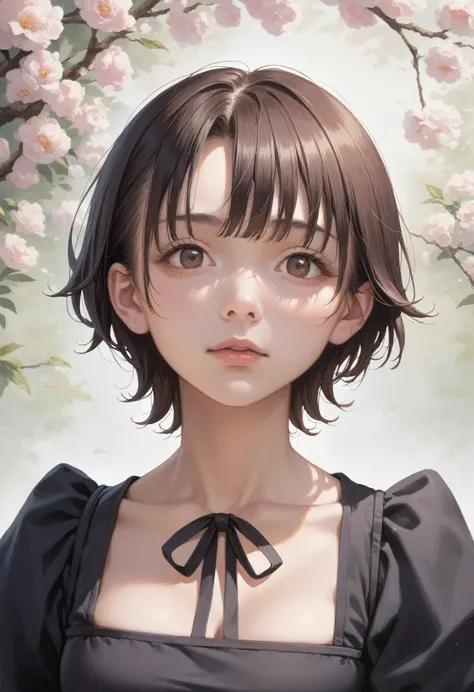 anime girl with short hair and brown eyes in a black dress, semirealistic anime style, anime style portrait, face anime portrait...