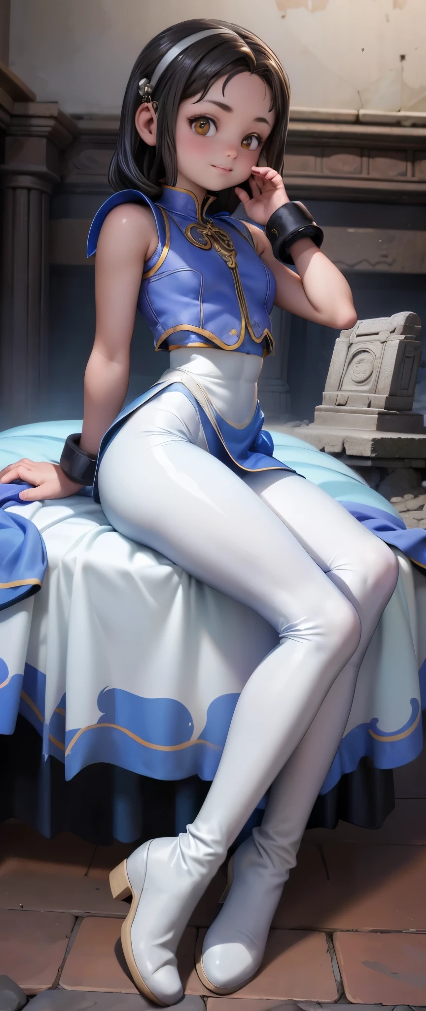 (La mejor calidad,A high resolution,Ultra - detallado,actual),Selena Gómez es chun-li,,(Fondo de ruinas de mazmorra en ruinas cyberpunk :1.4 ), Beautiful young woman in blue dress，Smile，(white boots:1.4) ，Exquisite facial features，tie hair, (black leggings:1.4) ，Blue clothes,( blue skirt:1.4) , ，front standing posture ，facing the audience，(full body Portrait) ，gray background, ,(Fondo de ruinas de mazmorra en ruinas:1.4 ), (anatomía perfecta :1.4), (face detailed :1.4), (Selena Gómez :1.4), (Chun Li :1.4),( Chun Li V2.1), More detailed 8K.motor irreal:1.4,UHD,La mejor calidad:1.4, fotorrealista:1.4, textura de la piel:1.4, obra maestra:1.8,obra-prima, mejor calidad,objeto Objeto], (detailed face features:1.3),(Las proporciones correctas),(Ojos hermosos azules),11 years old teenagegirl, (pose vaquero),the best quality, kids, little young girl, in a room,he is wearing black leggings,beautiful body, cute girl, long hair,she wears leggings, kare hair, high waist leggings, body jewelry,tight top,black hair ,beautiful hands,young  girl 10 years,perfect beautiful fingers,in leggings, sitting on a chair, leggings are see-through on the ass,perfect body, perfect feet