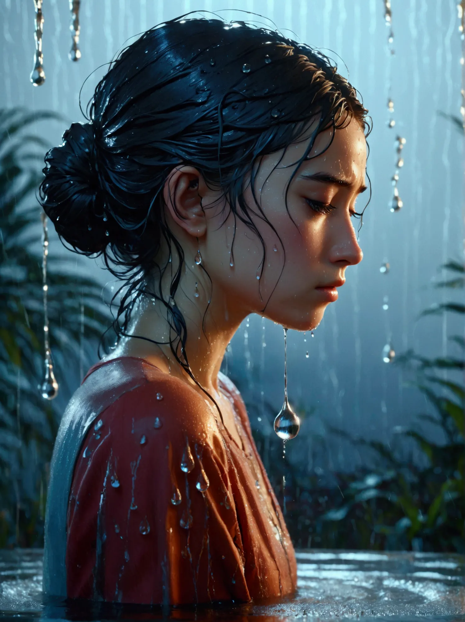 an image of a person showing despair with large water droplets splashing dramatically in the background. the individual is depic...