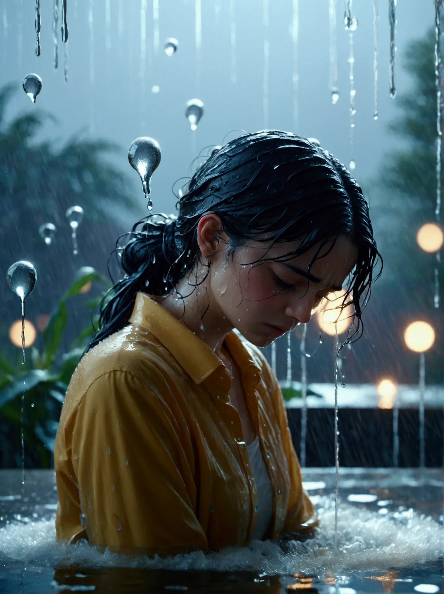 an image of a person showing despair with large water droplets splashing dramatically in the background. the individual is depic...