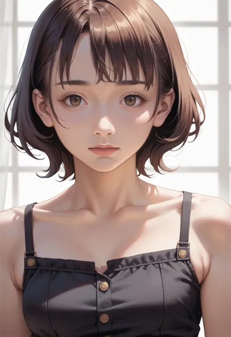 anime girl with short hair and brown eyes in a black dress, semirealistic anime style, anime style portrait, face anime portrait...