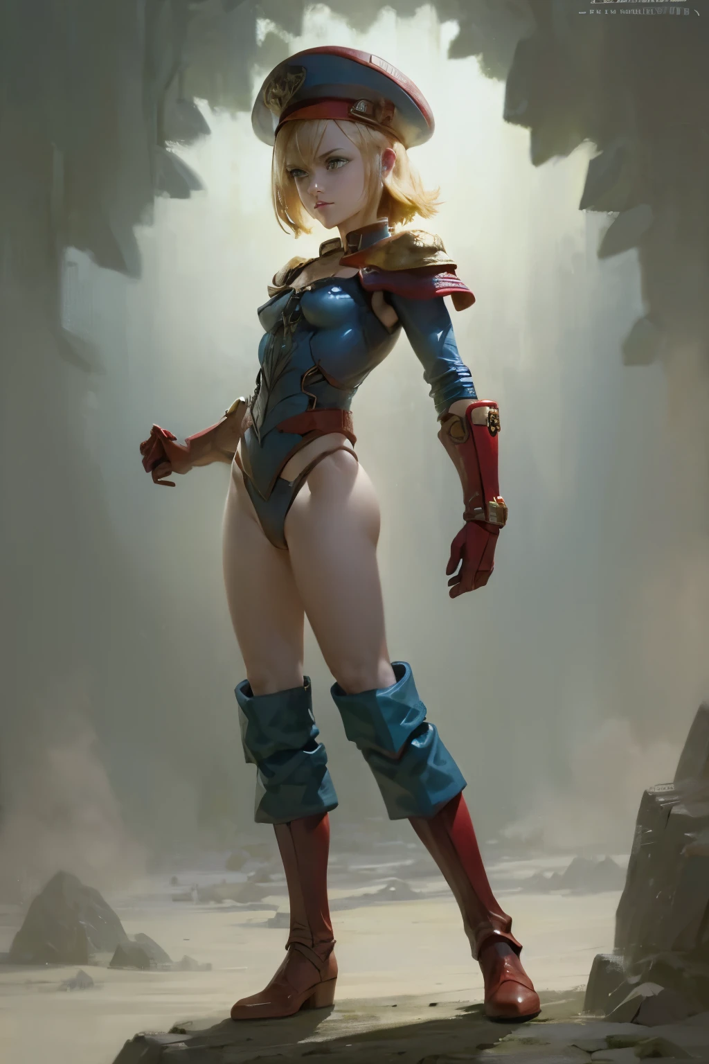     girl ,   small girl , short blonde hair ,  blue eyes,  angry  face , scar ,  body , red militar  beret , green leotard , flat chest , gloves ,long boots .standing. back ass 