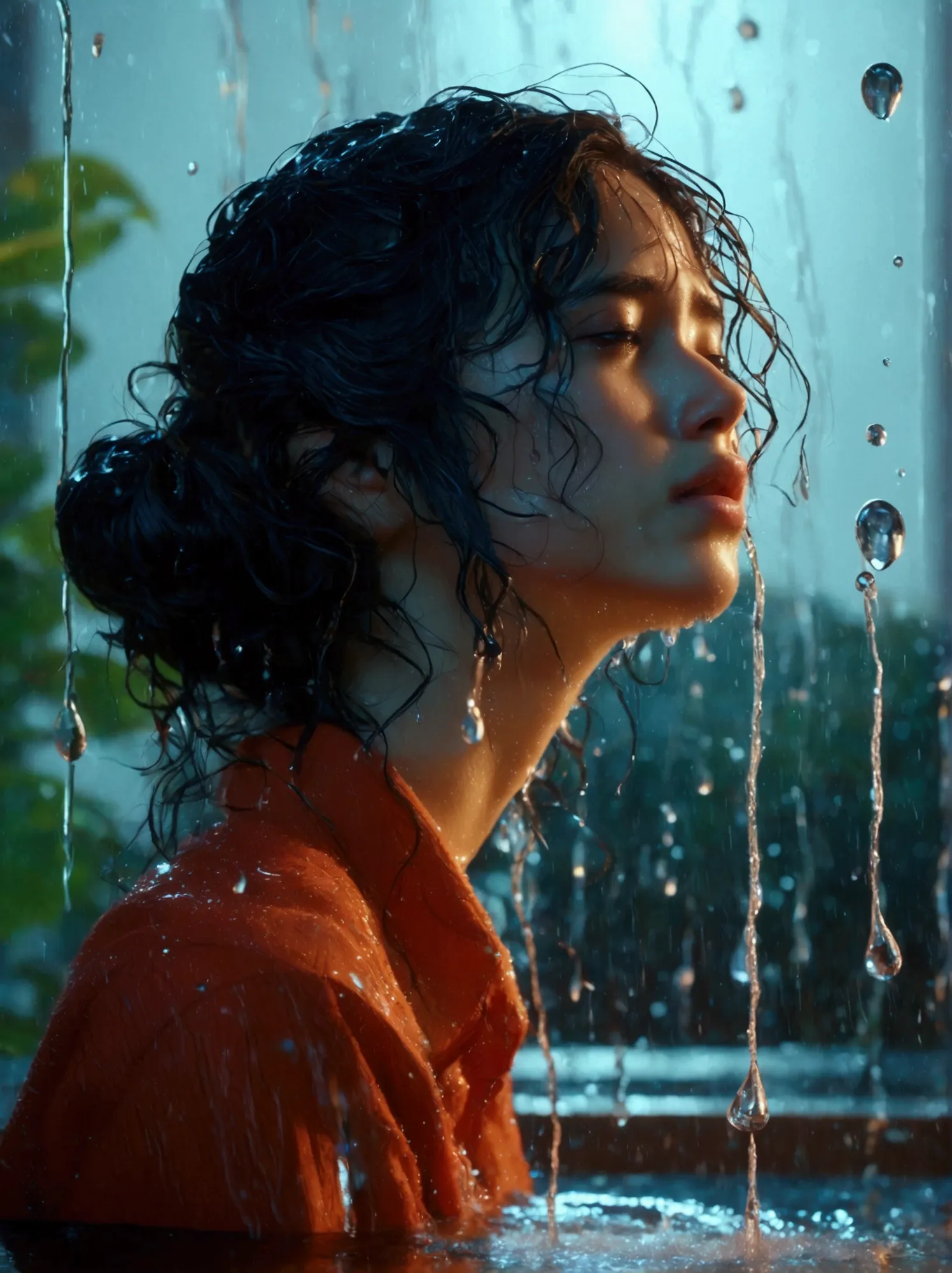 an image of a person showing despair with large water droplets splashing dramatically in the background. the individual is depic...