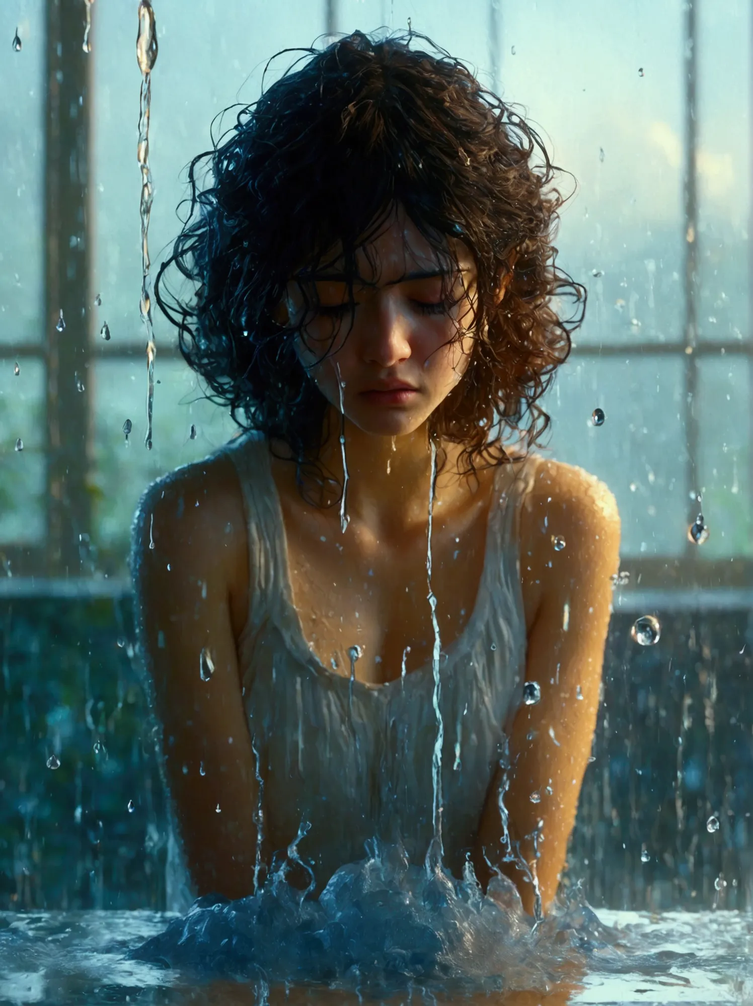 an image of a person showing despair with large water droplets splashing dramatically in the background. the individual is depic...