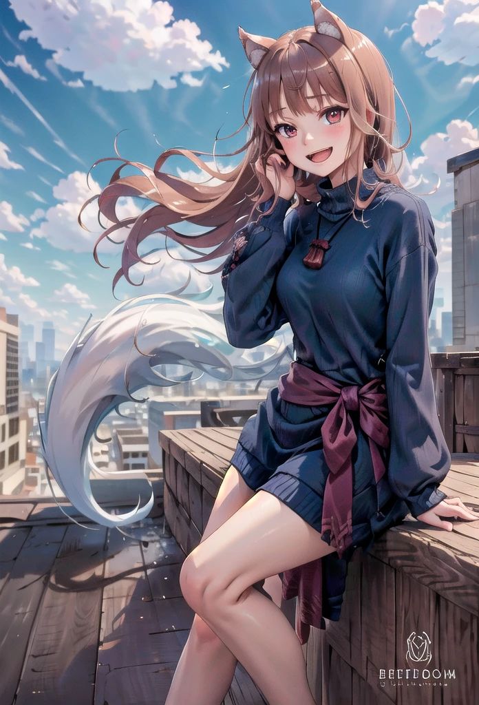 (masterpiece, best quality, detailed), 1girl, solo, looking at viewer, long hair, brown hair, animal ears, red eyes, wolf tail, necklace, virgin killer sweater, backless outfit, outdoors, rooftop, day, cityscape, blue sky, cloud, scenery, railing, leaning forward, adjusting hair, hand in own hair, hand on own thigh, from above, smile, open mouth, happy