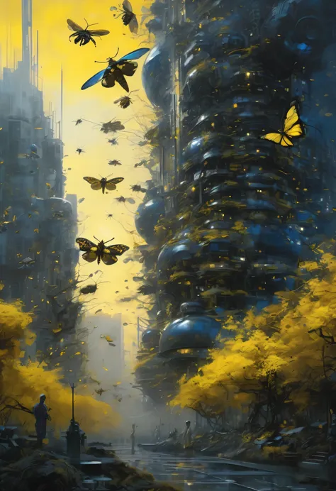 forest with biomechanic insects, high tech ornaments composing a futuristic city, cityscape with buildings on sunset, mystery at...