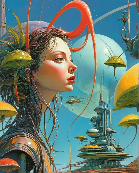 cover of a science fiction magazine , ricardo bofill, retrofuturism, margarita keane, 1980's sci-fi parody movie still portraitu...