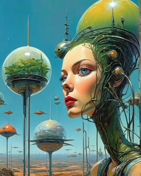 cover of a science fiction magazine , ricardo bofill, retrofuturism, margarita keane, 1980's sci-fi parody movie still portraitu...