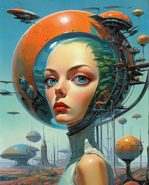 cover of a science fiction magazine , ricardo bofill, retrofuturism, margarita keane, 1980's sci-fi parody movie still portraitu...