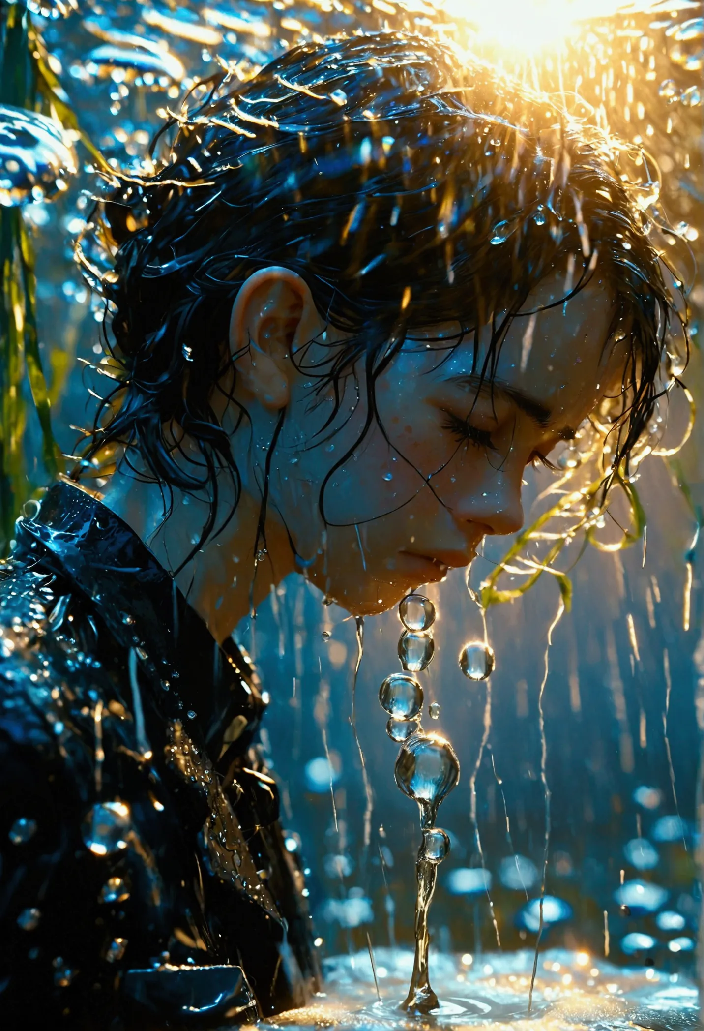 an image of a person showing despair with large water droplets splashing dramatically in the background. the individual is depic...