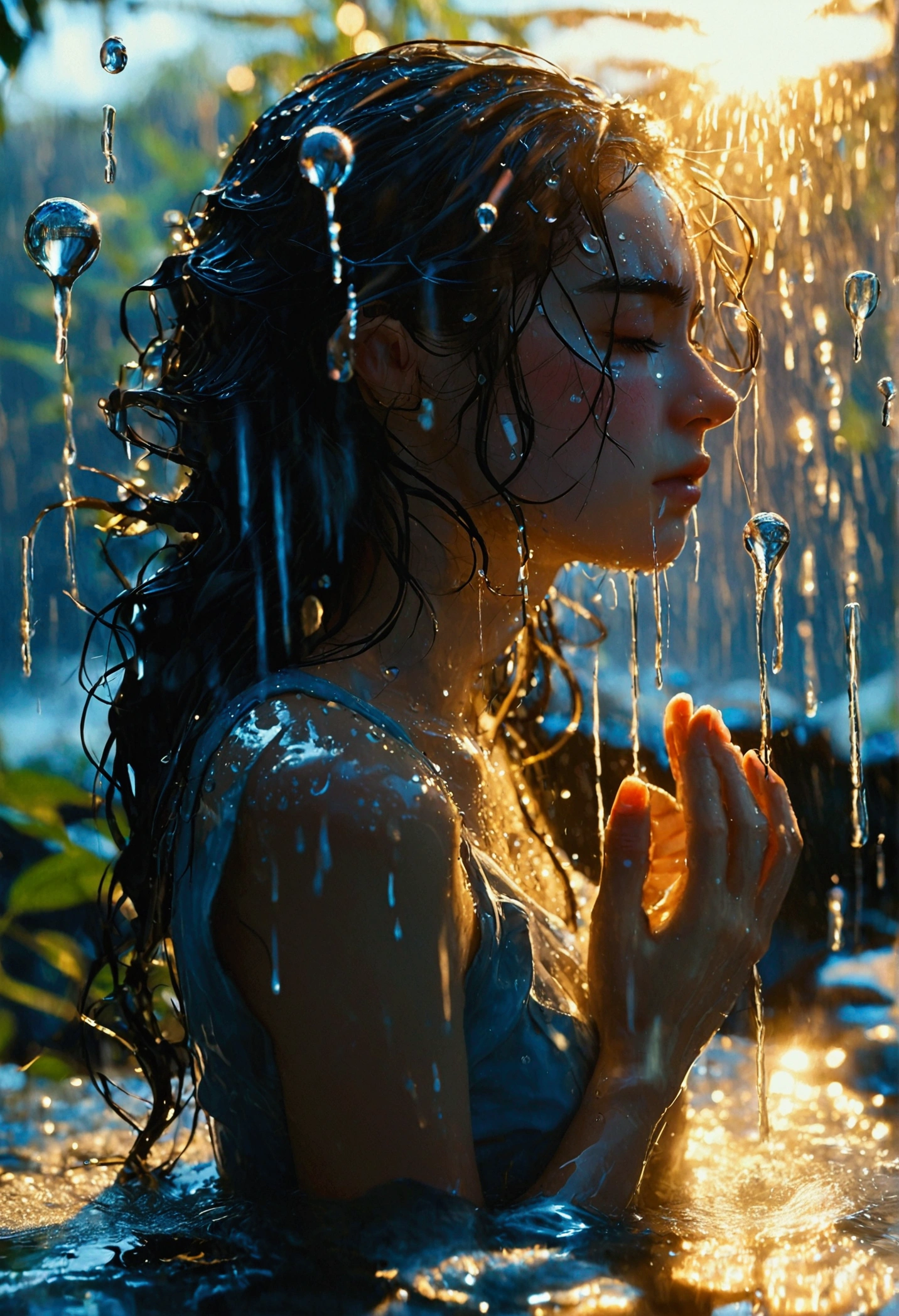 An image of a person showing despair with large water droplets splashing dramatically in the background. The individual is depicted in a posture of sadness, their head bowed slightly and their eyes brimming with tears. The backdrop is a tableau of elemental energy, with water droplets caught in mid-air, glinting, and creating an atmospheric setting.