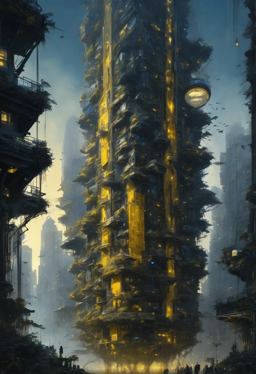 Forest with biomechanic insects, high tech ornaments composing a futuristic city, cityscape with buildings on sunset, mystery atmosphere, deep grey and black blue and golden yellow, 4D, 8K, photorealistic, dreamlike, big and complex composition storytelling, masterpiece, artwork by Bernie Wrightson, artwork by Jeremy Mann, Surrealism, Impressionism