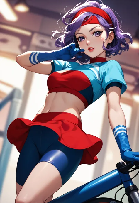 1girl,long purple hair, purple eyes,red crop top, blue short sleeves, blue gloves,red small skirt, blue bike shorts, headband,(l...